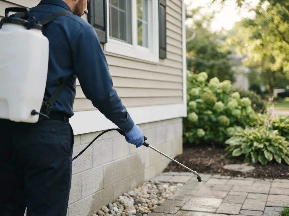 Pest control technician inspecting a home in Bloomdale, OH